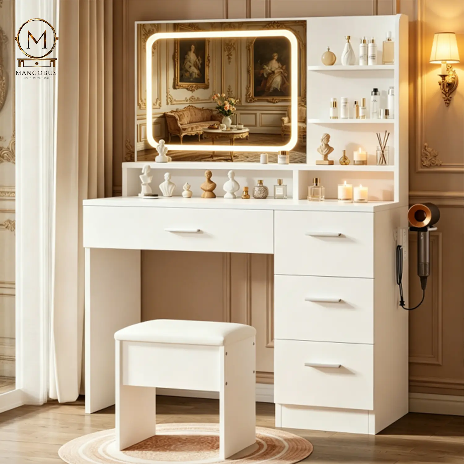White LED Makeup Vanity Table with Stool, Lighted Mirror, Multi-Storage Drawers and Hairdryer Rack - Practical Bedroom Dressing Desk for Girls