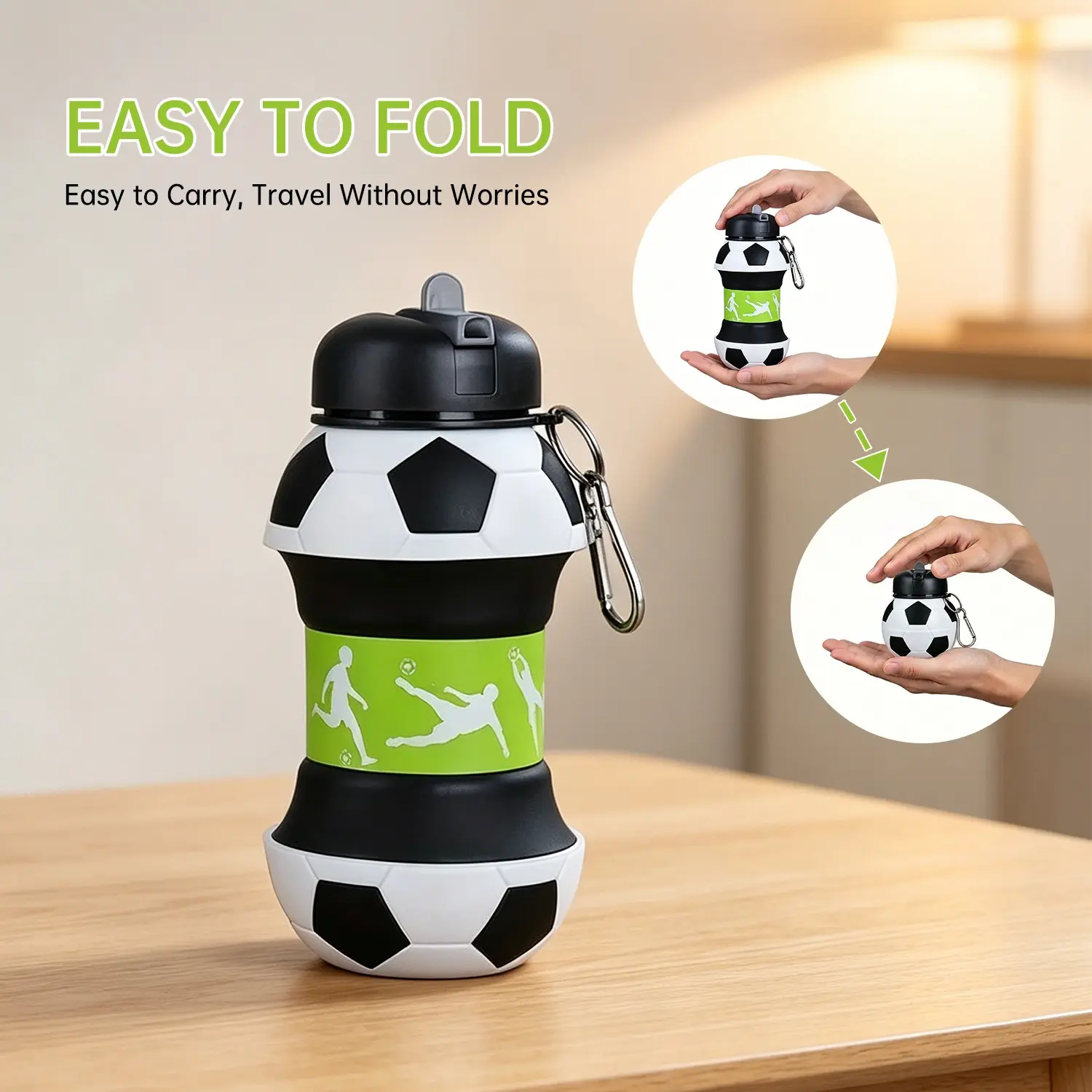 Collapsible Soccer Ball Silicone Water Bottle, BPA-Free Foldable Sports Bottle with Carabiner, Leak-Proof for Gym, Hiking, Camping, Travel