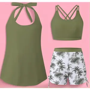 Girls 3-Piece Tankini Swimsuit with Shorts – Tween Sports Bra Bathing Suit & Halterneck Cover-Up Set for Teen Ages 7-16