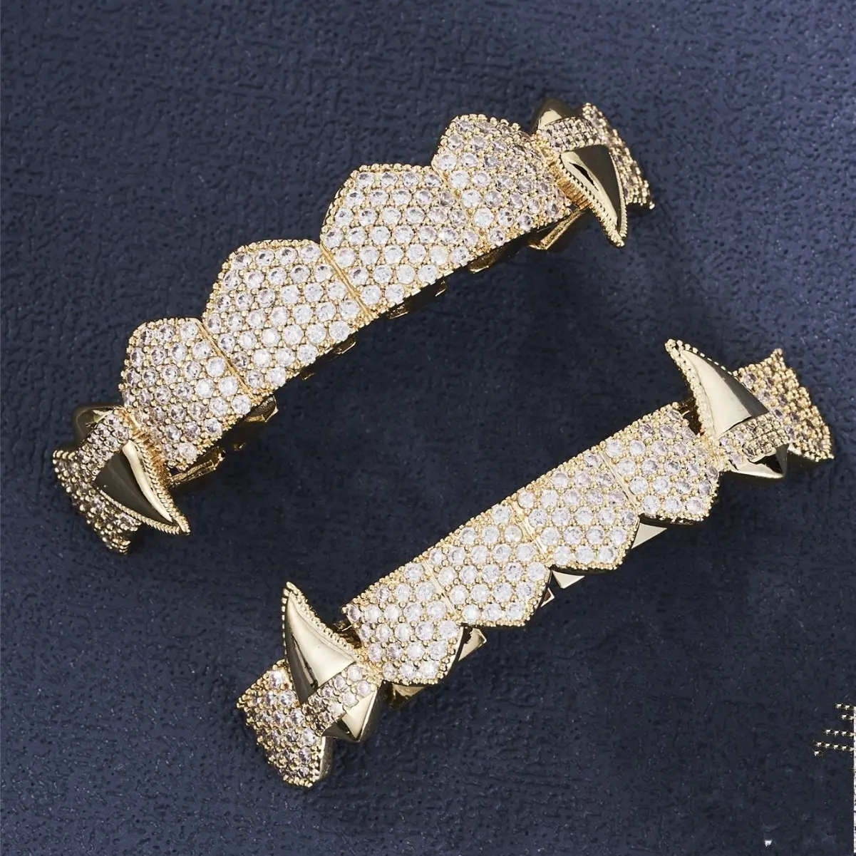 Two For One!!! Hip Hop Braces Gold Teeth Halloween Street Rap Vampire Fangs Zircon Gold Plated Braces