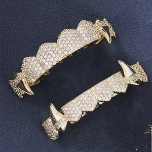 Two For One!!! Hip Hop Braces Gold Teeth Halloween Street Rap Vampire Fangs Zircon Gold Plated Braces