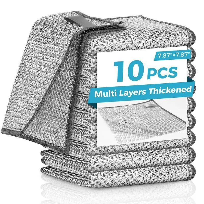 10 Counts Multipurpose Non-Scratch Wire Dishcloths �C Double-Layer Reusable Dishwashing Rags for Wet & Dry Use, Kitchen Cleaning Cloth for Sinks, Pans & Dishes, Washable & Durable