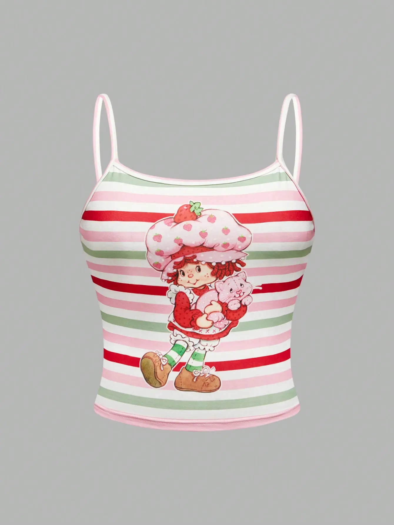 Strawberry Shortcake Women's Plus-Size Sleeveless Slim-Fit Retro Casual Teddy Camisole Top - Vintage Striped Design, Cute Cartoon Print, Multicolor, Comfortable Summer Tank, Strawberry Graphic Women's Tanks & Camis, Style, Tops For Women