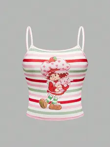 Strawberry Shortcake Women's Plus-Size Sleeveless Slim-Fit Retro Casual Teddy Camisole Top - Multicolor Vintage Striped, Cute Cartoon Print, Comfortable Summer Style Tank, Lady