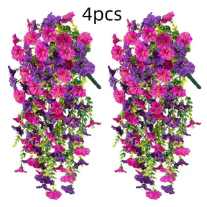4 PCS Artificial Hanging Flowers Fake Plants Outdoor,Silk Morning Glory Faux Flowers with Eucalyptus Leaf,UV Resistant Realistic Hanging Petunias Plants for Home Garden Decor
