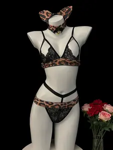 Halloween Sexy Leopard Print Lingerie Set, Bra, Thong, Headband, Tail, Sleeve Covers, Pure Desire Cat Girl Uniform, Cute Tail