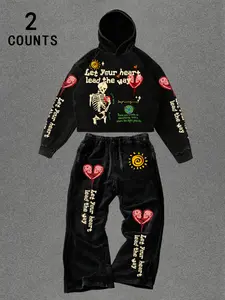 Men's 2-Piece Casual Outfit Set, Oversized Hoodie & Baggy Pants, Vintage Washed, Streetwear, Artistic Aesthetic, 2-Count Set