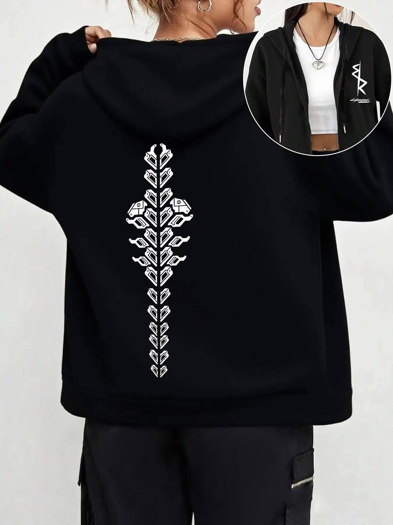 Cyberpunk Edge Chozo Curse Zip-Up Hoodie Jacket, Vintage Fabric Design, Perfect for Jujutsu Kaisen Fans, Casual Fitted Style