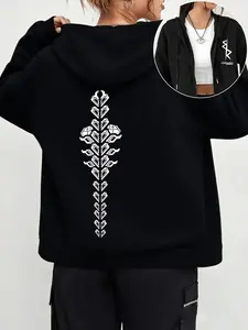 Cyberpunk Edge Chozo Curse Zip-Up Hoodie Jacket Long Sleeve, Vintage Aesthetic Fabric Design Print, Perfect for Jujutsu Kaisen Fans, Casual Fitted Style Womenswear