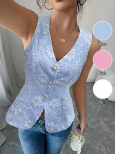 Women's Classic French Style Elegance Floral Pattern Textured Sleeveless, V Neckline Front Button Slenderizing Slim Fitted Waistcoat Top Vests, Daily Wear Casual Holiday Photoshot Outfit Elegant