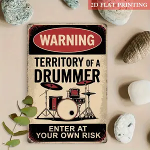 2D Flat - Vintage Drum Set Metal Sign - "Warning Territory of a Drummer Enter at Your Own Risk" Iron Wall Art, 20.32x30.48 cm Retro Music Lover Gift for Drummers, Drum Decor, | Vintage Wall Art | Iron Wall Art, Room Decor, Home Office Decor