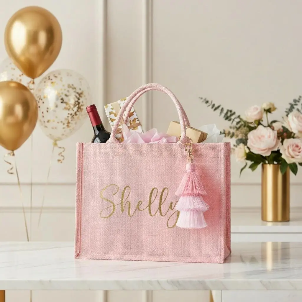 Personalized Christmas Pink Tote Bag with Tassel, Custom Name Gift Bag for Women, Bridesmaids, Moms, Sisters & Friends, Reusable Travel Tote