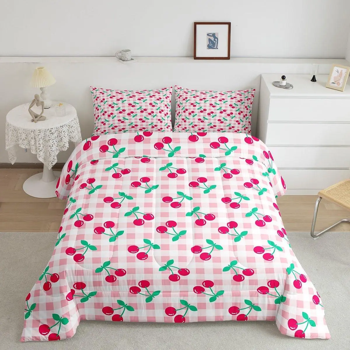 Feelyou Twin-Full Cartoon Cherry Comforter Set,Geometric Plaid Grid Patchwork Bedding,' Room Decor,Abstract Checkerboard Modern Pink Romantic Duvet Insert,sohochic