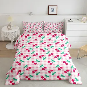 Cartoon Cherry Kids Comforter Set,Geometric Plaid Grid Patchwork Bedding Set,Girls Women Room Decor,Abstract Checkerboard Modern Down Comforter,Pink Romantic Duvet Insert