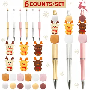 Christmas Reindeer Themed DIY Beads & Ballpoint Pen Set, 6 Counts/set Including 3 Counts 3D Silicone Beads & 3 Counts Ballpoint Pen, Office Stationery & Supplies