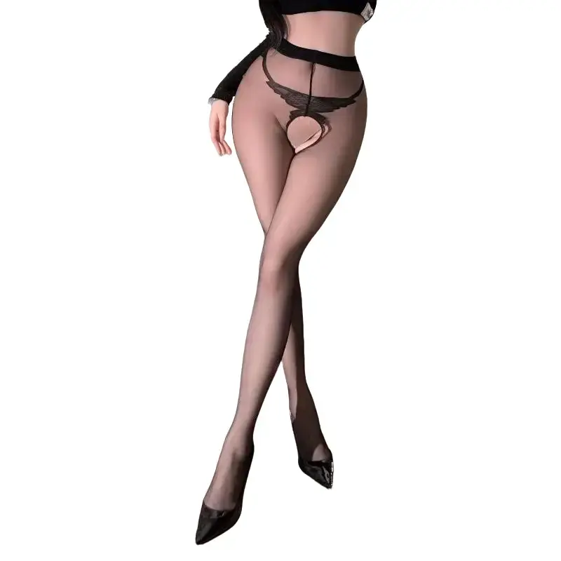 Sheer Butterfly Pattern Pantyhose for Women, 3-Piece Sexy Lingerie Set with Open Crotch and Lace Waistband for Parties