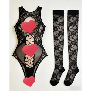 Black Fishnet Cutout Bodysuit Gothic Stage Festival Wear Breathable Fabric One Size Fits Most
