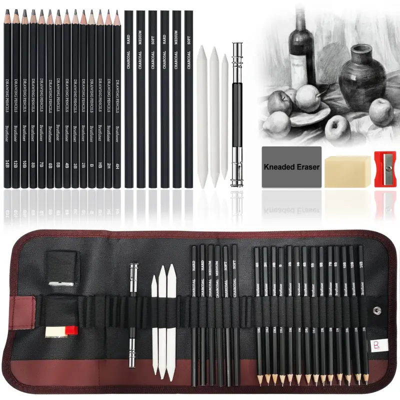 28 Pieces Pro Drawing Kit Sketching Pencils Set,Portable Pen Curtain-Charcoal Pencils, Sketch Pencils, Charcoal Stick,Sharpener,Eraser.Art Supplies for Artists Beginner Adults Teens, Art School Supplies