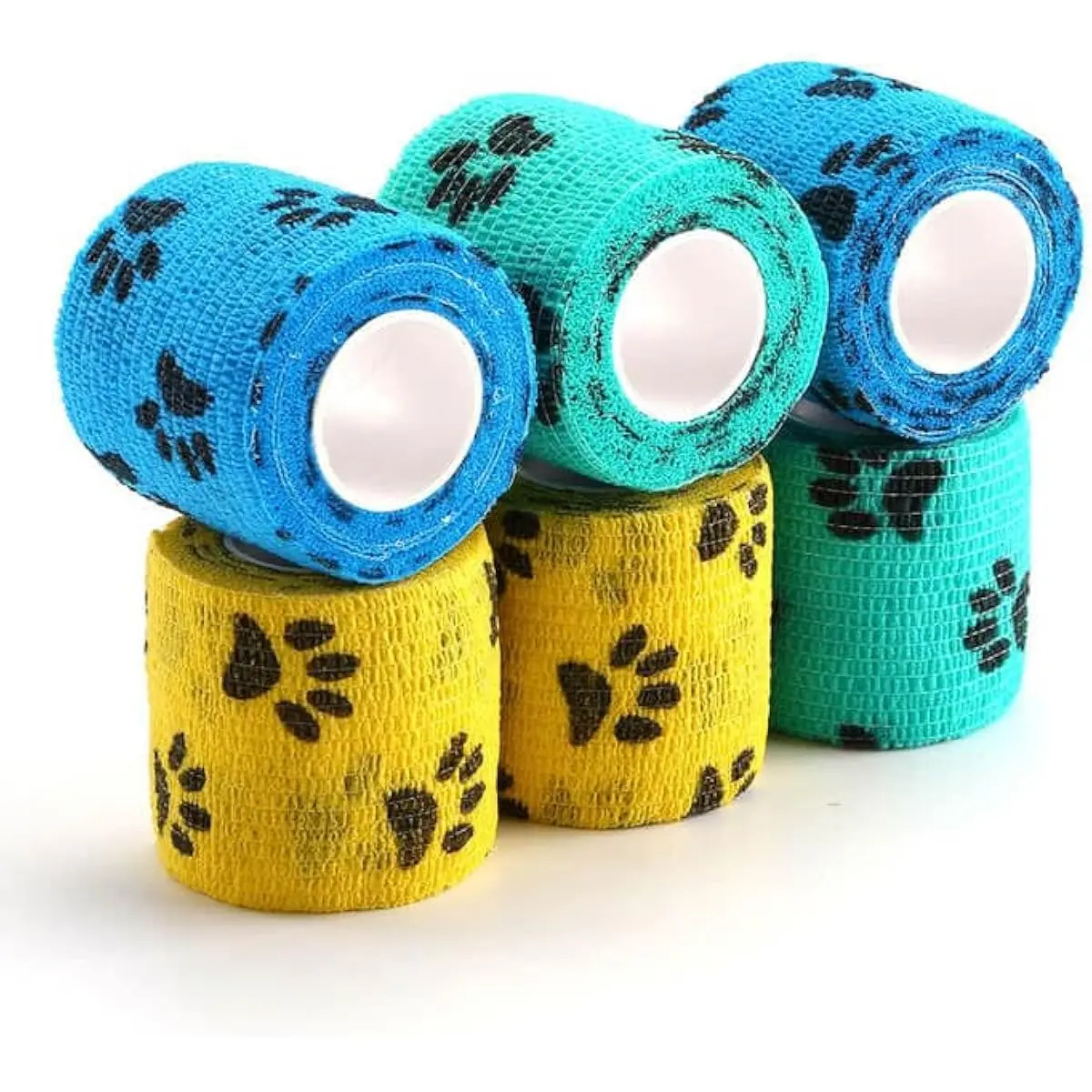 6 Rolls 2-Inch Self-Adhesive Non-Woven Pet Cohesive Gauze Wrap - Self-Sticking, Lightweight, Breathable, Waterproof, Healing, for Dog Legs/Paws/Wounds, Back Support, Animal First Aid Security (Pawprints A)