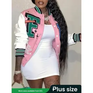 Plus Size Colorblock Letter & Cartoon Print Varsity Sports Jacket, Casual Button Front Long Sleeves Bomber Jacket, Jacket for Fall and Winter 2024, Women's Clothing, Downtown Girl Clothes