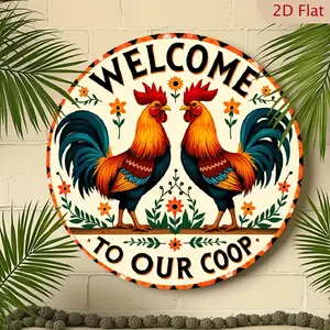 1pc Vintage Chicken Coop Welcome Sign, 8" Round Aluminum Wall Decor, Waterproof Art with Colorful Rooster Design, Fantasy Animal Theme for Indoor/Outdoor Use, Garden Decoration Vibrant Wall Art Aluminum Sign, Chicken Coop Accessories