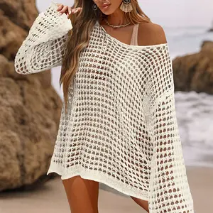 White Mesh Beach Cover Up – Bohemian Knit Bikini Top, Loose Hollow Out Swimsuit Shirt, Long Sleeve Lightweight Pullover for Women Summer Style-D250208