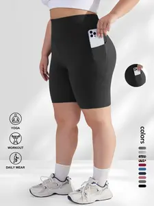 【Plus Size】 Plain / Leopard Print Pocket Skinny Shorts, Casual Comfy Breathable High Waist Short Leggings for Daily Wear, Women's Bottoms for All Seasons, Athletic Wear Shorts, Skinny Workout Shorts