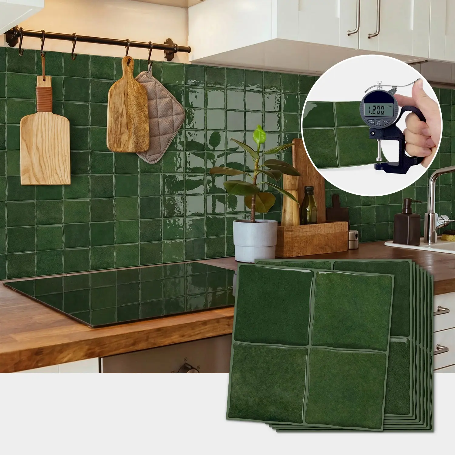 12/24 PCS D-PBS Epoxy Tile Stickers, PET+PU Retro Dark Green Checkered Texture, Waterproof & Oil-Proof DIY Wall Decor