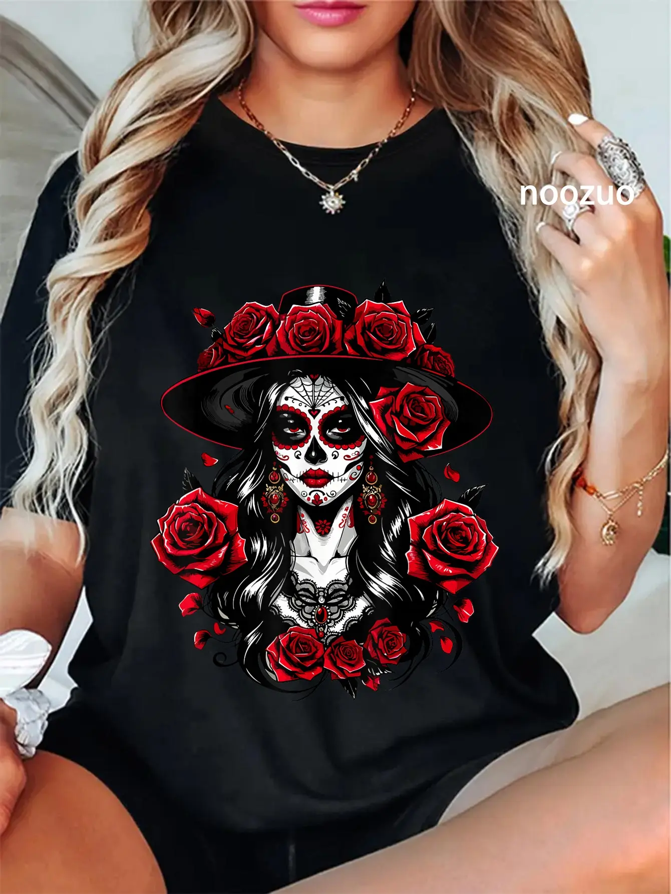 Women's 100% Cotton Distressed Vintage Graphic T-Shirt - Short Sleeve, Round Neck, Casual Fit, Chic Cute, All Seasons, Dia de Los Muertos Holiday & Streetwear With A Twist (Large)
