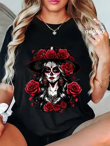 Women's 100% Cotton Round Neck Graphic T-Shirt - Unisex Everyday Casual Streetwear for Dia de Los Muertos, Catrina Latina Cinco de Mayo Celebrations