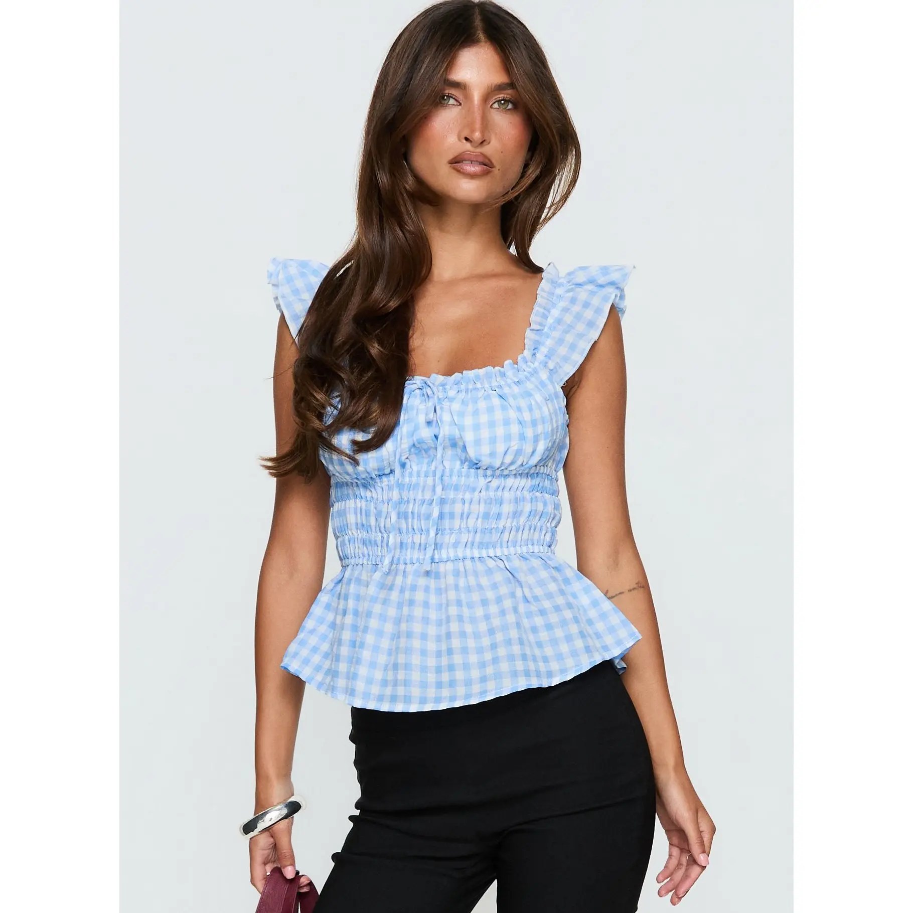 Marnee Babydoll Shirred Top Blue Gingham
