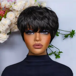 OYM HAIR Short Pixie Wigs for Black Women Natural Straight Style Layered Virgin Hair with Bangs Color 1B 4.5 inch Effortless Elegance Daily Party Use