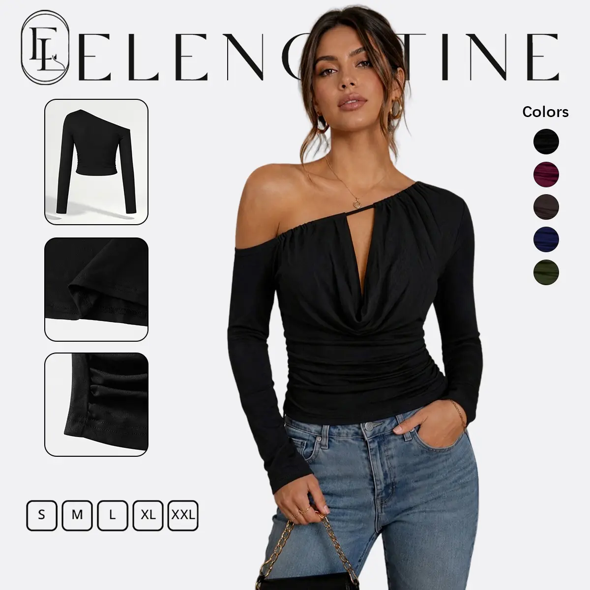 EL Elengatine Women’s 1-Shoulder Long-Sleeve Blouse, Asymmetrical Draped Cowl Neck, Ruched Slim-Fit Black Top, Elegant Fall Going-Out Wear for Date Night, Party fall tops going out tops tops fall clothing women 2026 ！