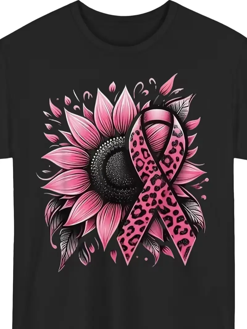 Sunflower Pink Breast Cancer Awareness Black T Shirt XS 5XL T Shirts Items Breathable Crew Neck Regular Fit Machine Washable Suitable for Outings Festival Wear Casual Wear, PLUS SIZE