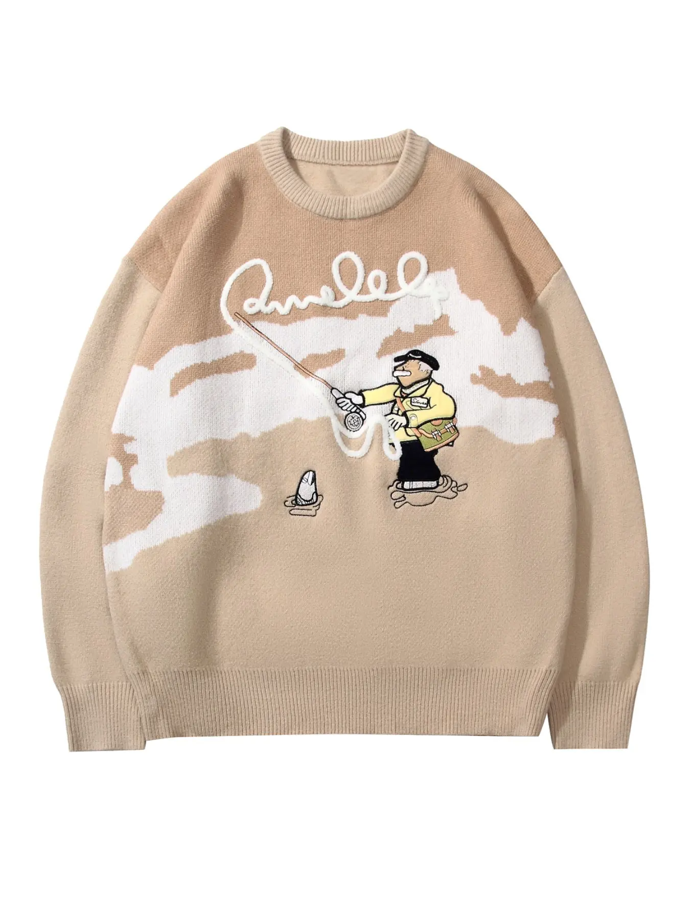 Unisex Loose Fit Knit Sweater, Cute Fishing Pattern, Long Sleeve Streetwear Pullover, Casual Fall & Winter Fashion