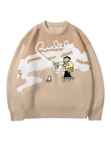 Unisex Loose Fit Knit Sweater, Cute Fishing Pattern, Long Sleeve Streetwear Pullover, Casual Fall & Winter Fashion