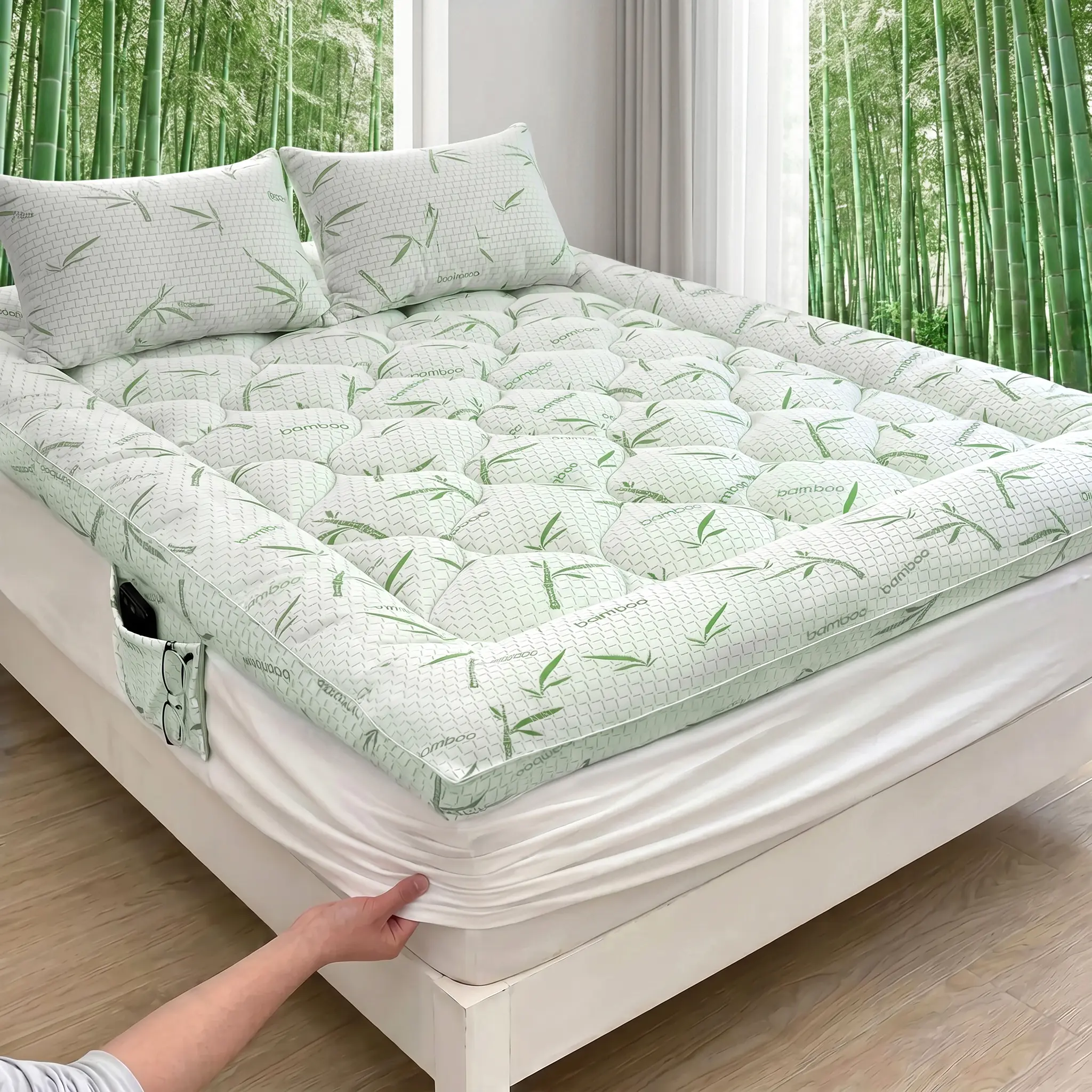 Cooling Bamboo Mattress Topper, Thick Pillow Top Bed Pad, Deep Pocket Fits 6-18", Breathable & Machine Washable bed cover for Pressure Relief Sleep