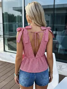French Elegant Gingham Sleeveless Top, Deep V Neck Ribbon Tie Back Binder Waist, Flowy Ruffle Hem, Casual Beach Resort Vest, 12 Colors