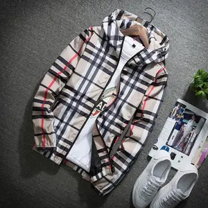 Men's Lightweight Hooded Jacket Zip-Up Windbreaker with Adjustable Drawstring & Color-Block Stripes for Autumn Fashionable Style Casual Menswear Coats Tops Customized Personalized jackets Stylish Khaki Plaid Design
