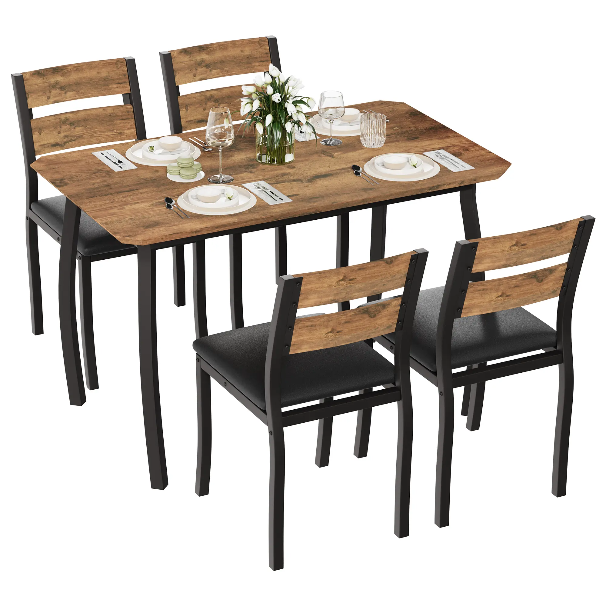 5-Piece Dining Table Set for 4 - Modern Dining Rooms Furniture with Corner-Cut Design, Cushioned Seats, Sturdy Metal Frame, Storage, Space-Saving, Assembly Required for Small Spaces, Apartments