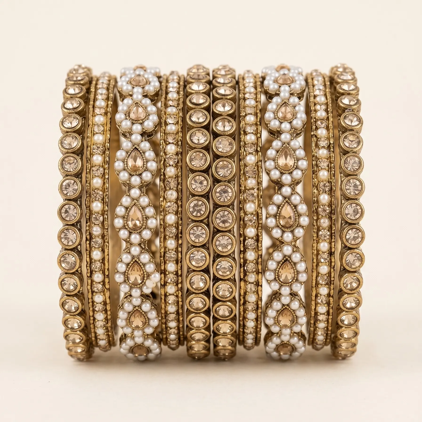 16 pcs Gold Kundan Pearl Bangles Set, Indian Bridal Churi Kada Jewelry