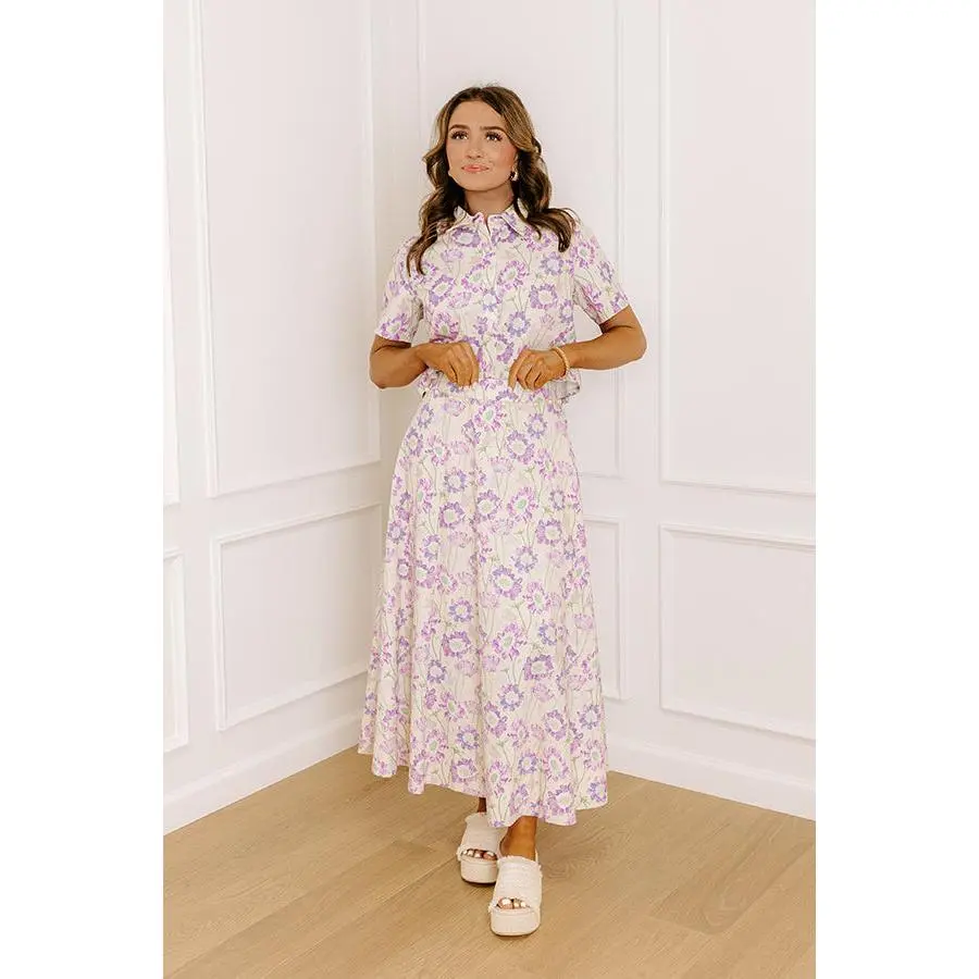 Butterfly Garden High Waist Floral Midi Skirt in Lavender