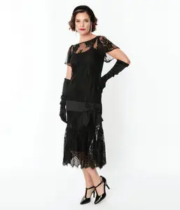 Unique Vintage Black Lace & Bow Flapper Dress