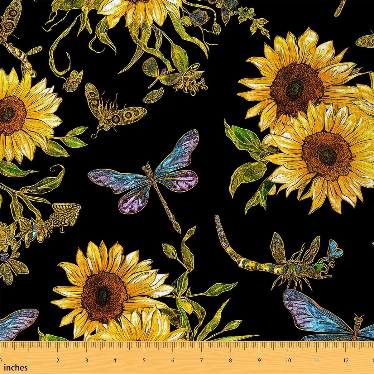 Sunflower Fabric by The Yard,1 Yard,Dragonfly Waterproof Fabric,Flower Floral Print Upholstery Fabric,Rustic Country Farmhouse DIY Reupholstery Fabric, Polyester Fabric, Durable Fabric