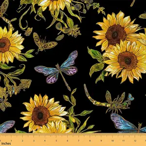 Sunflower Fabric by The Yard,1 Yard,Dragonfly Waterproof Fabric,Flower Floral Print Upholstery Fabric,Rustic Country Farmhouse DIY Reupholstery Fabric, Polyester Fabric, Durable Fabric