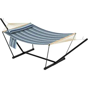 2 Person Double Hammock With Stand, Heavy Duty Freestanding Hammock With Adjustable Steel Stand Support Up To 450LBS, Breathable Spacious Leisure Hammock Portable Foldable Design For Patio Garden Backyard Beach Outdoor Relaxation