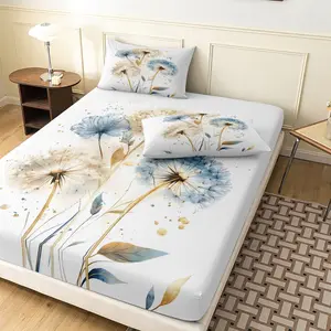 3pcs Set Blue Beige Dandelion Floral Fitted Sheet, Watercolor Pattern Bedding Ideal For Premium Bedroom Family Decor And Household Arrangement (1 Fitted Sheet + 2 Pillowcases No Comforter No Pillow)