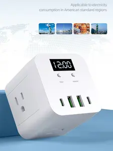 1875W Wall Adapter with Digital Clock—8-Port Power Strip (4 AC outlets, 2 USB ports, 2 USB-C ports), a space-saving wall-mounted charging station ideal for bedside tables, bedrooms, and kitchens. A must-have for travel and dorm rooms.