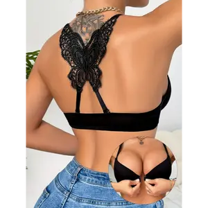 Women's Front Closure Thin Cup Bra with Removable Lace-like Bow Back Strap & Underwire Support - Comfortable Breathable Non-Detachable Padding, Elegant Design for Everyday Special Occasions Solid Color Basic Style (Hand Washable)