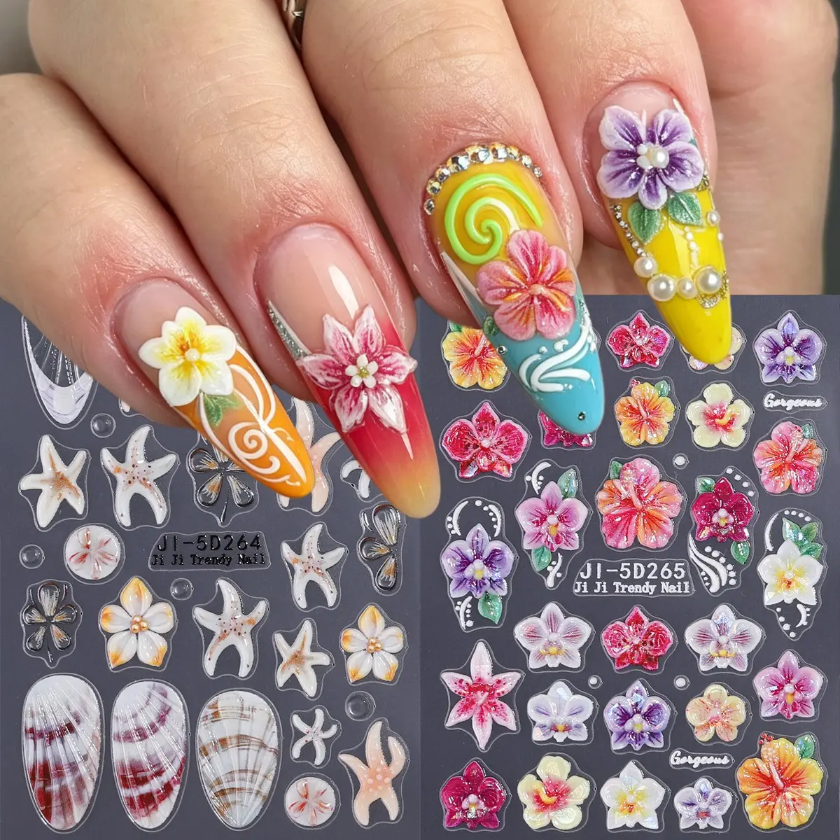 Tropical 5D Nail Stickers, Lotus Flower, Starfish, Shell, Jellyfish Designs, Self-Adhesive, Perfect for Summer Ocean Theme Nails, Women's DIY Nails